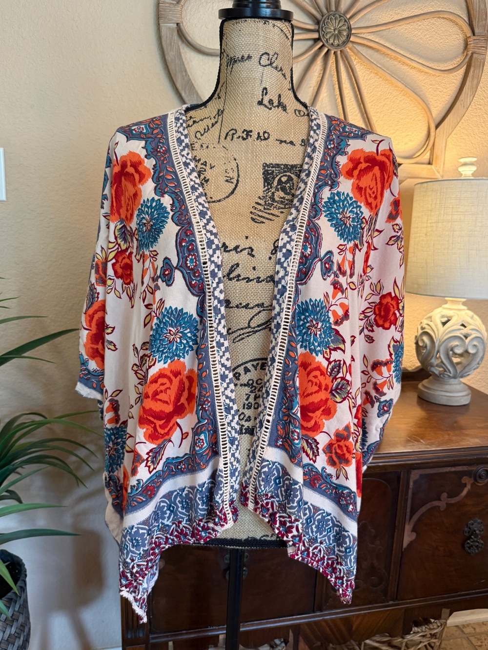 Angie Floral Open-Front Kimono Cardigan with Crotched Details